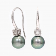 Corsica  black Tahitian pearl and white diamond shepherd hook earrings