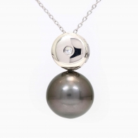 Caicos black Tahitian pearl and bezel set white diamond drop necklace
