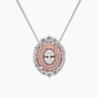 Floreat Argyle pink and oval cut white diamond halo pendant