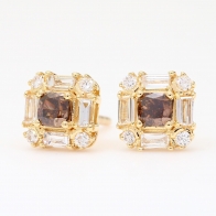 Monroe emerald baguette and round-cut champagne and white diamond stud earrings