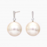 Caspian white South Sea pearl and white diamond drop stud earrings