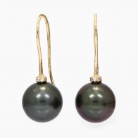 Nera black Tahitian pearl and white diamond shepherd hook earrings