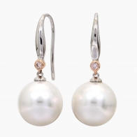 Frost white South Sea pearl and Argyle pink diamond hook earrings