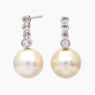Athena white South Sea pearl and white diamond bezel set drop stud earrings