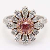 The Elation Crescendo Exhibition Argyle pink diamond pear cut halo ring