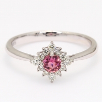Fuschia pink tourmaline and white diamond halo ring