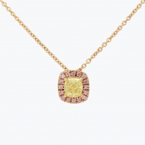 Lyanna cushion-cut and round-cut yellow and Argyle pink diamond halo necklace