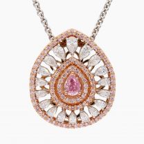 The Adoration Crescendo Exhibition Argyle pink diamond pear cut halo pendant