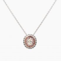 Ceres Argyle pink and oval cut white diamond halo pendant