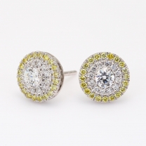 Halo yellow and white diamond cluster stud earrings