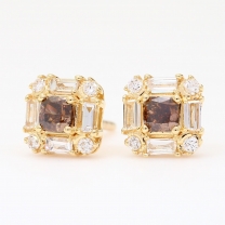 Monroe emerald baguette and round-cut champagne and white diamond stud earrings