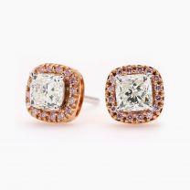 Lyanna Argyle pink and white cushion and round cut diamond halo stud earrings