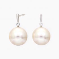 Caspian white South Sea pearl and white diamond drop stud earrings