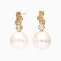 Basalt white South Sea pearl and white diamond textured drop stud earrings