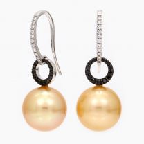 Andrina gold South Sea pearl with white and black diamond shepherd hook earrings