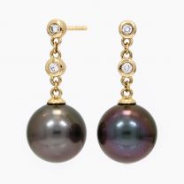 Navagio black Tahitian pearl and white bezel set diamond drop stud earrings