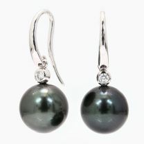 Avalon black Tahitian South Sea Pearl and white diamond hook earrings