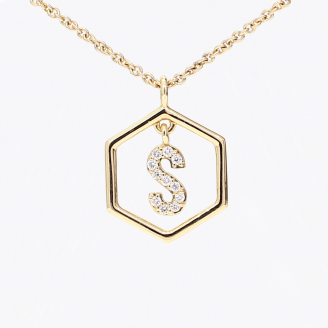 Insignia Icon S white diamond yellow gold initial necklace