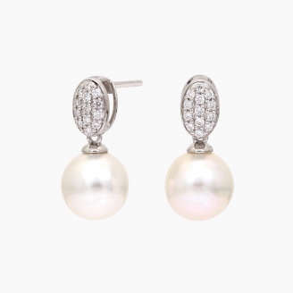 Moana white South Sea pearl and white diamond drop stud earrings