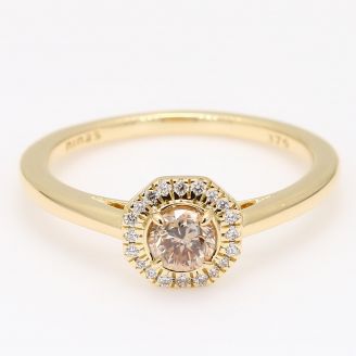 Apiary champagne and white diamond hexagon halo ring