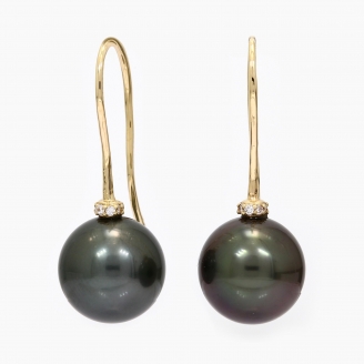 Nera black Tahitian pearl and white diamond shepherd hook earrings