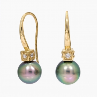 Corsica black Tahitian pearl and white diamond shepherd hook earrings