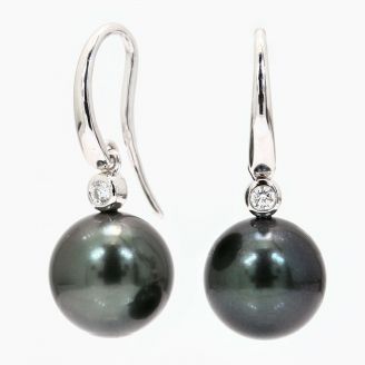 Frost black Tahitian pearl and white diamond hook earrings